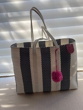 Tin Marin Zebra Woven Black & White Tote with Pink Pom Charm